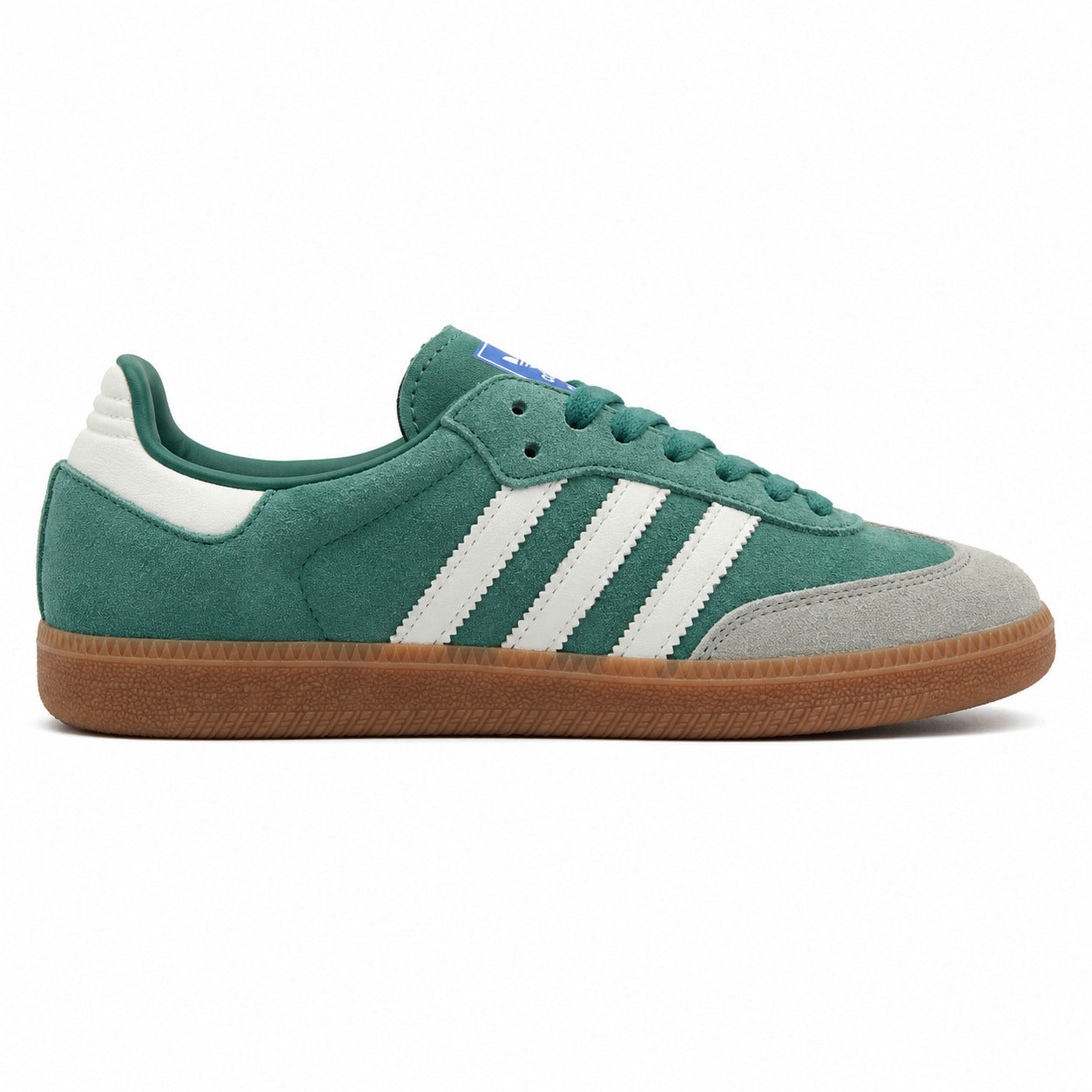 Adidas Samba Vegan ante verde bosque bandas blancas suela borracha perfil derecho