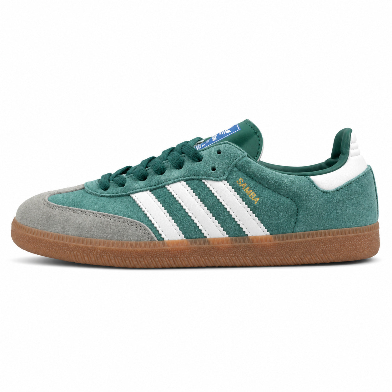 Adidas Samba Vegan ante verde bosque bandas blancas suela borracha perfil izquierdo