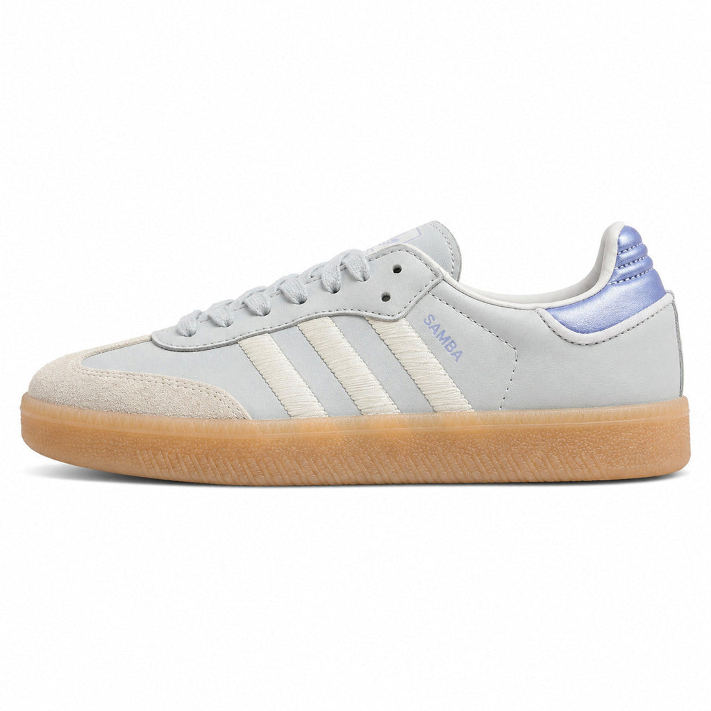 Adidas Sambae W cinzento hielo bandas crema talón metalizado azul perfil izquierdo