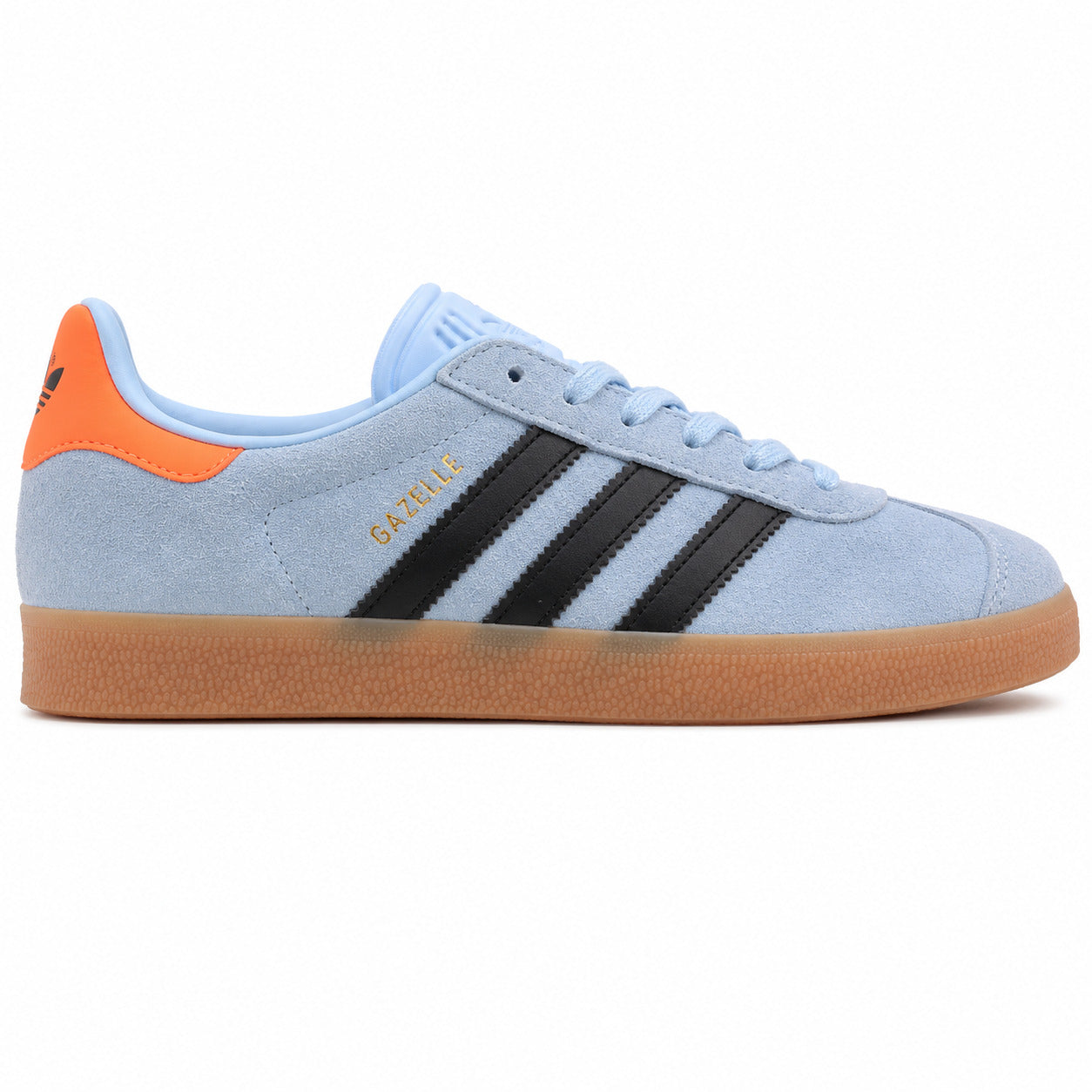 Adidas Gazelle azul cielo preto laranja lateral derecha suela borracha