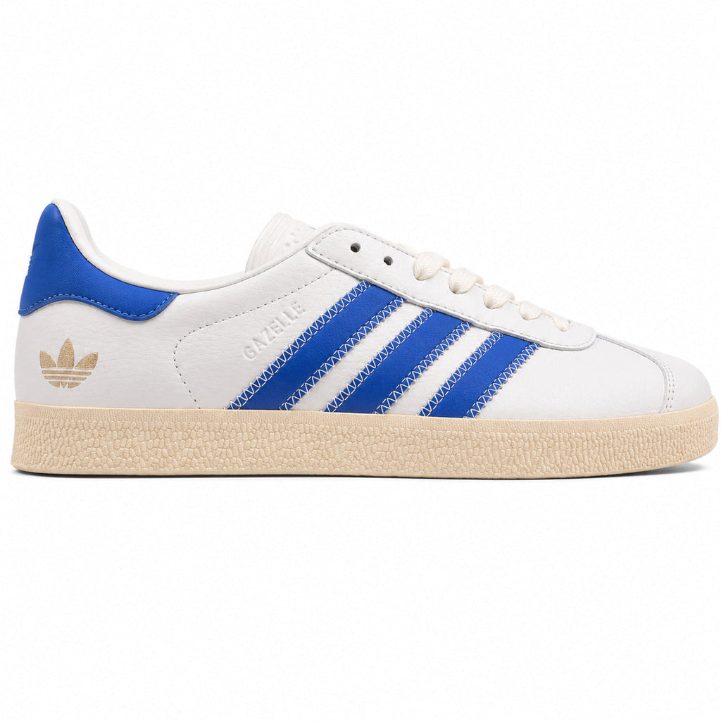 Adidas Gazelle branco azul suela gum lateral derecha