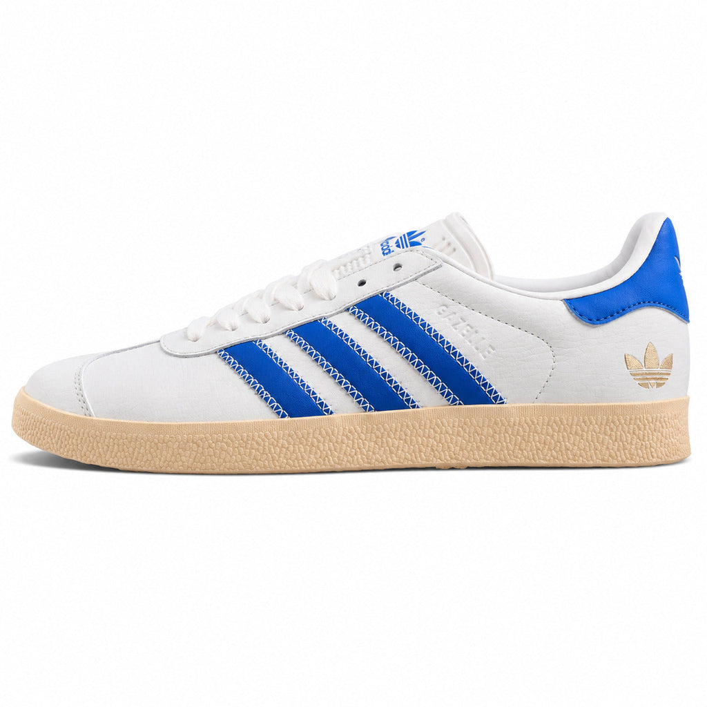 Adidas Gazelle branco azul suela gum lateral izquierda