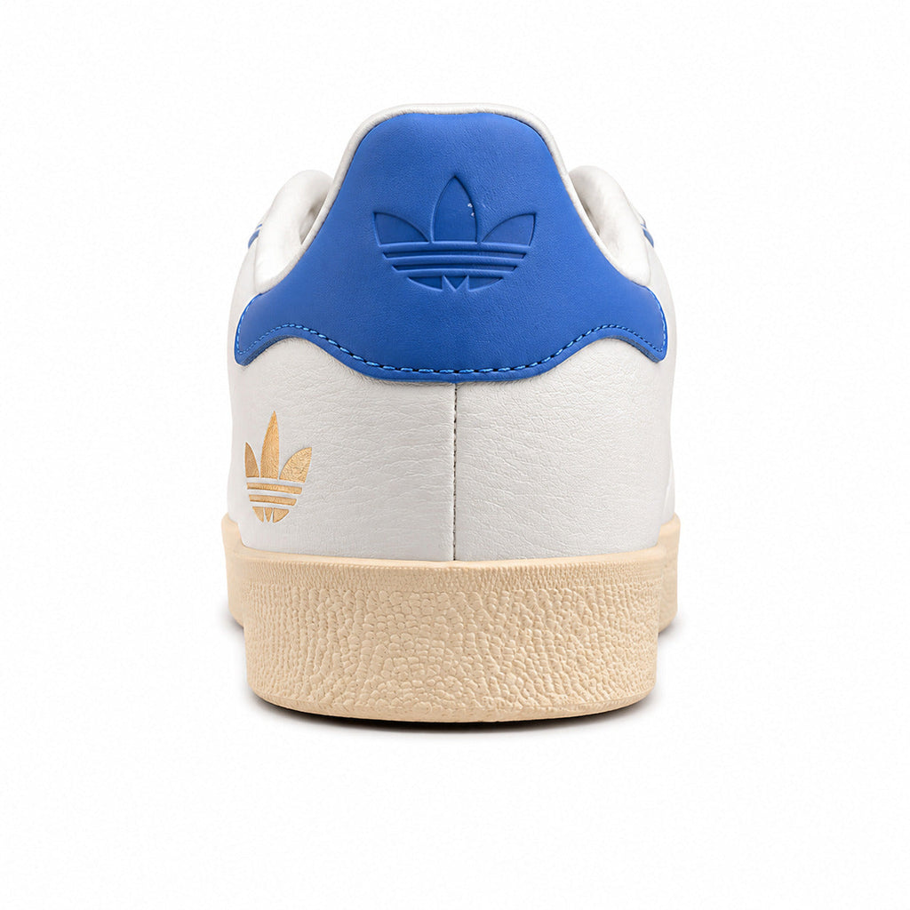 Adidas Gazelle branco azul detalle talón trefoil dourado