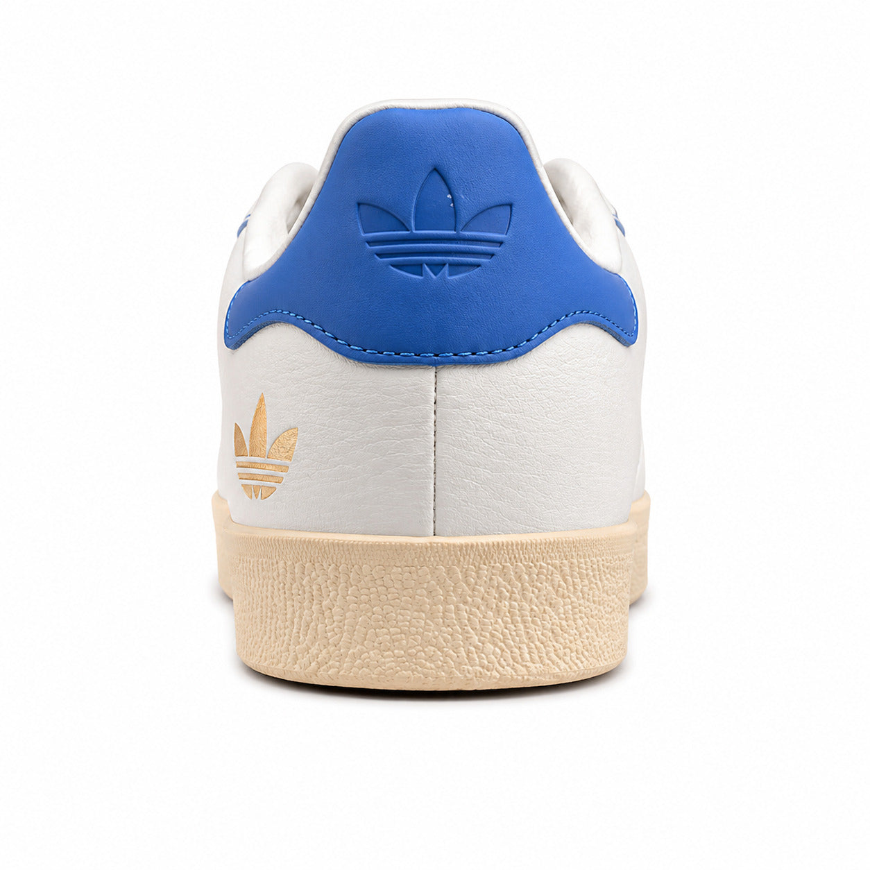 Adidas Gazelle branco azul detalle talón trefoil dourado