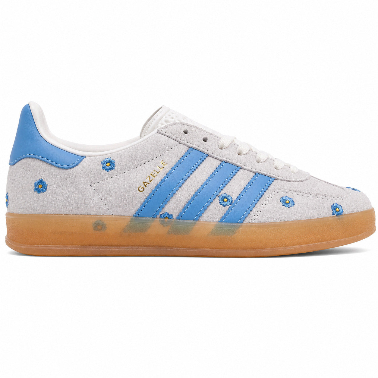 Adidas Gazelle Bold ante cinzento azul flores bordadas lateral derecha