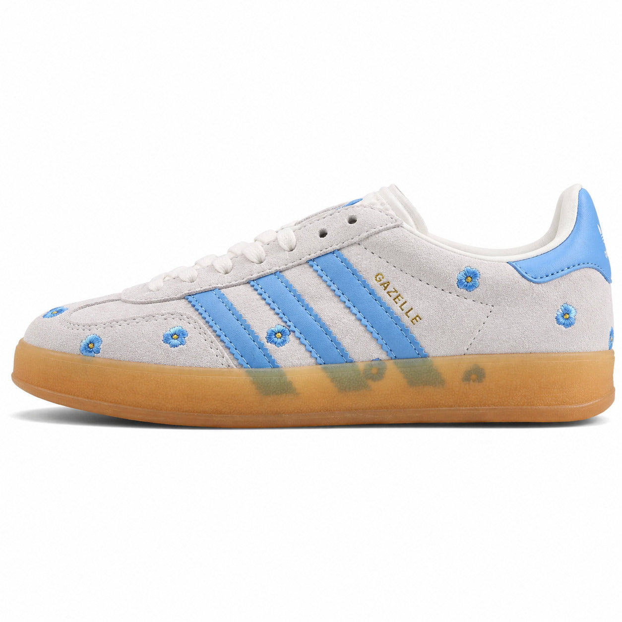 Adidas Gazelle Bold ante cinzento azul flores bordadas lateral izquierda