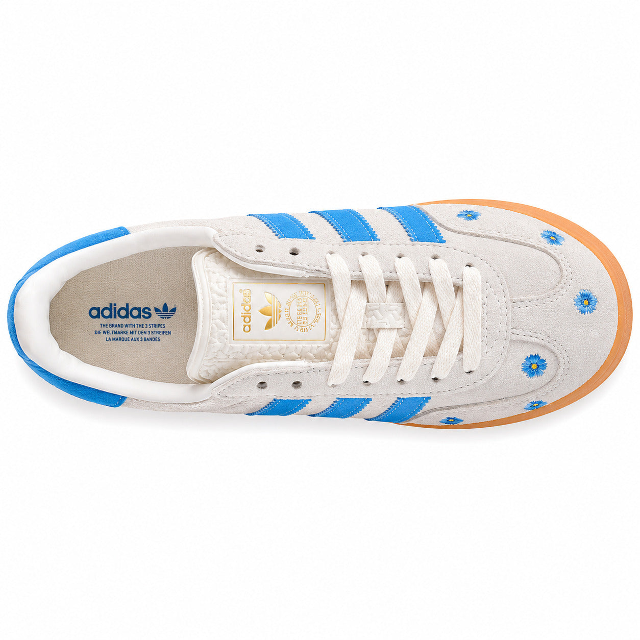 Adidas Gazelle Bold ante cinzento azul flores bordadas vista superior