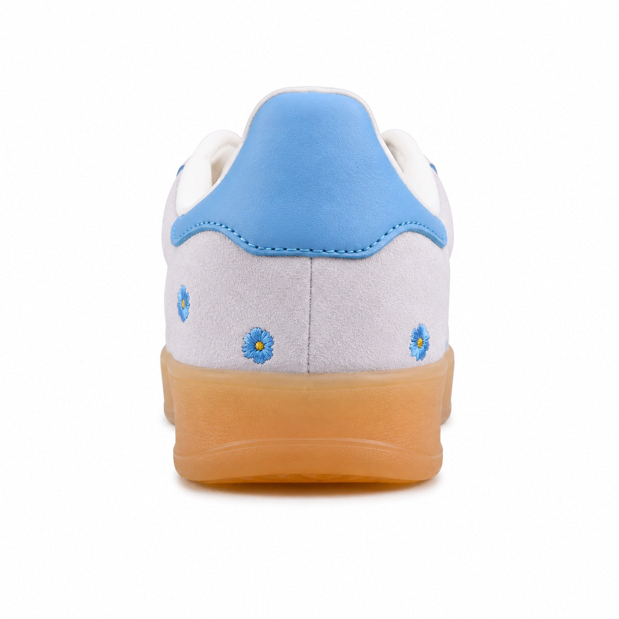 Adidas Gazelle Bold ante cinzento detalle talón azul flores bordadas