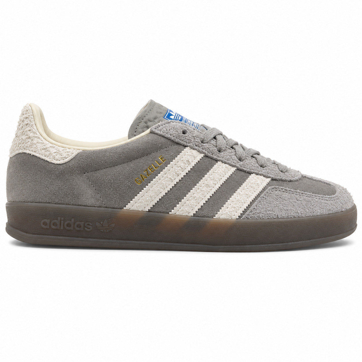 Adidas Gazelle Bold ante cinzento crema bouclé suela gum lateral derecha