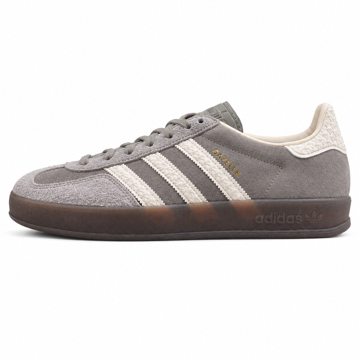 Adidas Gazelle Bold ante cinzento crema bouclé suela gum lateral izquierda