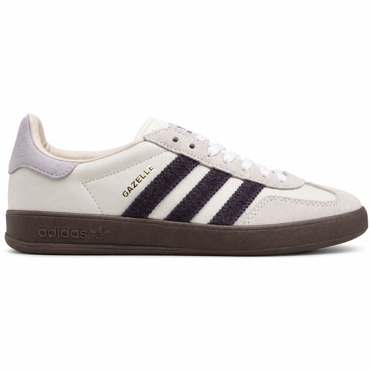 Adidas Gazelle crema violeta lavanda suela gum oscuro lateral derecha