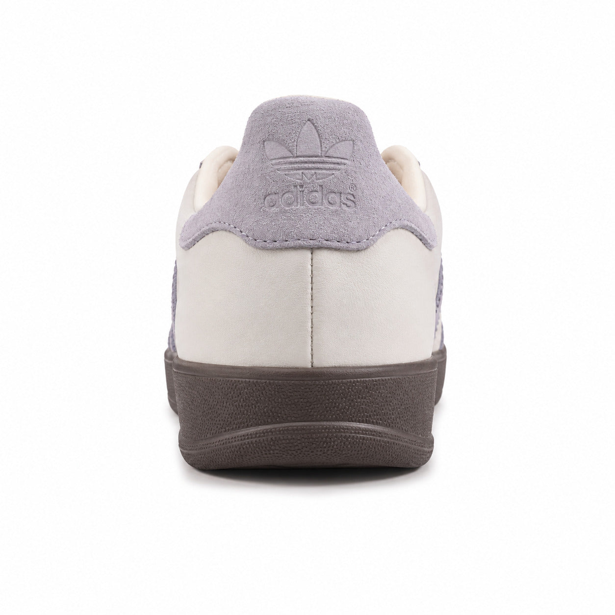 Adidas Gazelle crema detalle talón lavanda suela gum oscuro