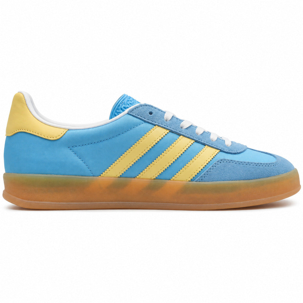 Adidas Gazelle Indoor azul cielo amarelo lateral derecha suela borracha