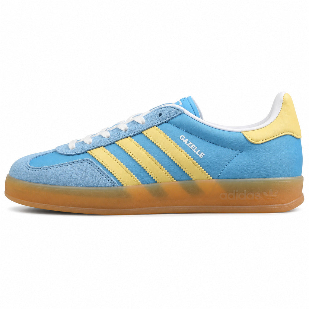Adidas Gazelle Indoor azul cielo amarelo lateral izquierda suela borracha