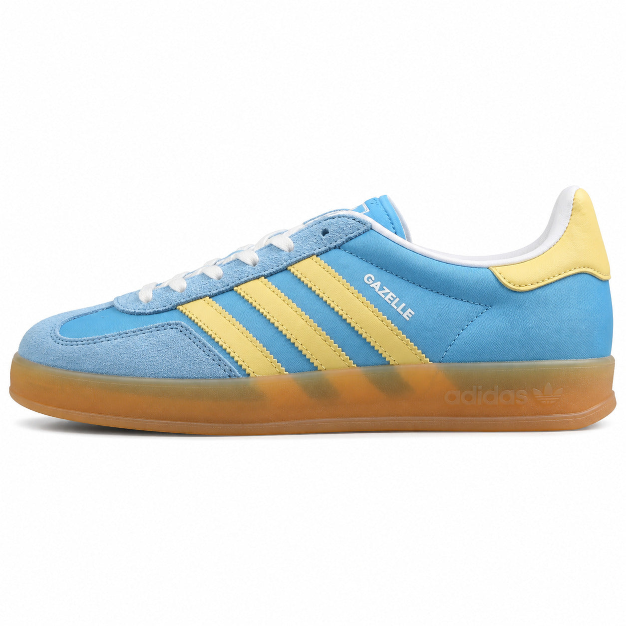 Adidas Gazelle Indoor azul cielo amarelo lateral izquierda suela borracha