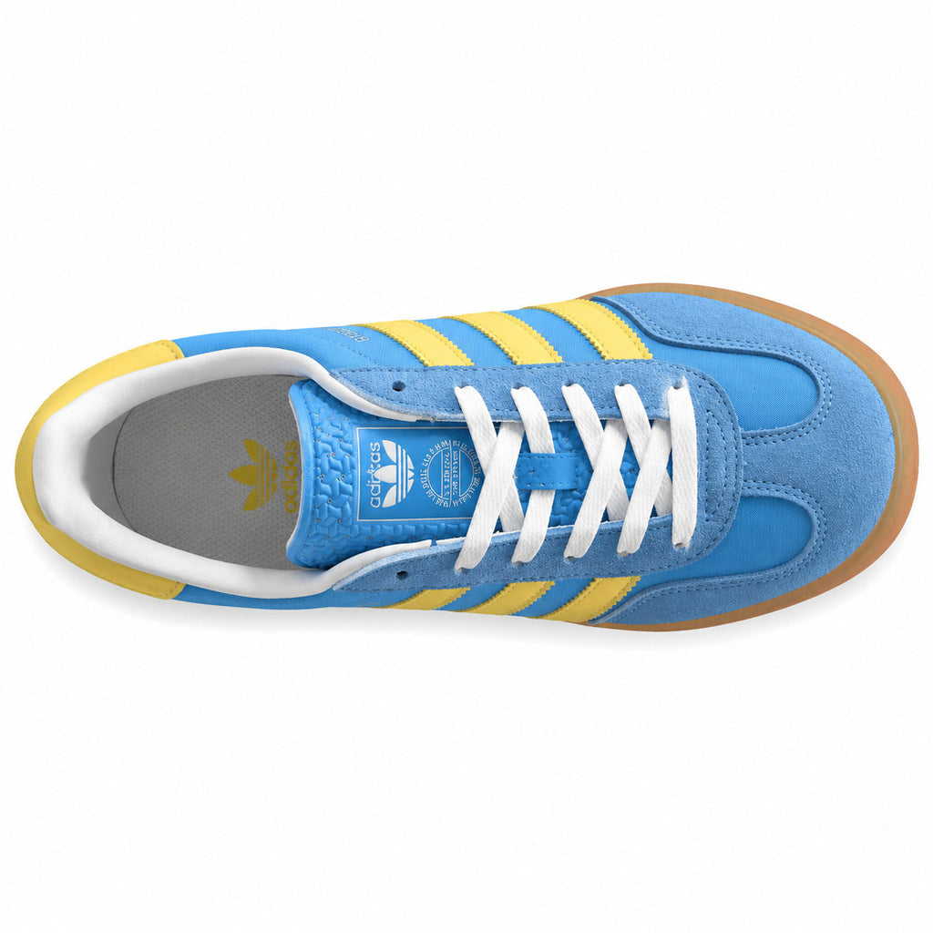 Adidas Gazelle Indoor azul cielo amarelo vista superior cordones brancos