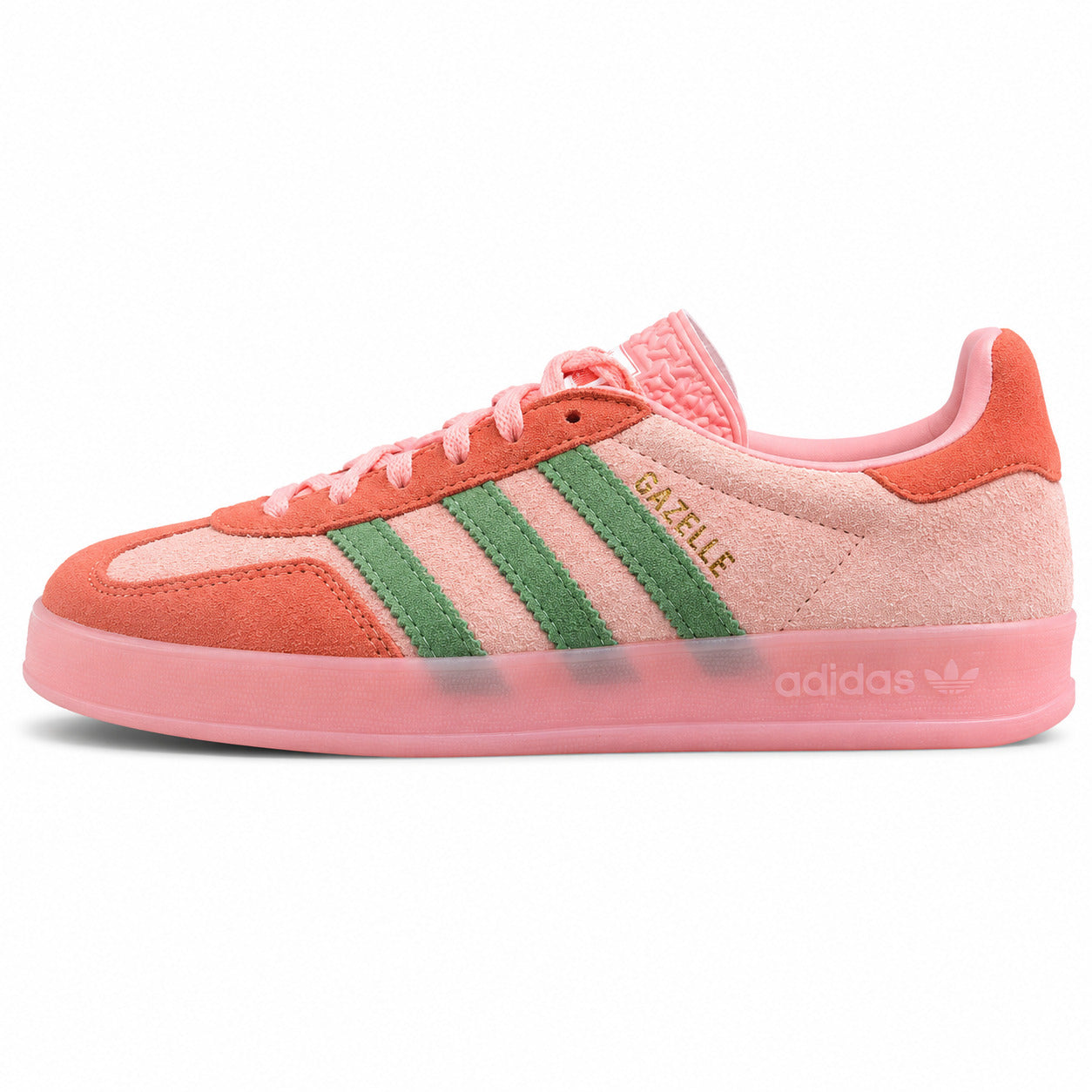 Adidas Gazelle Indoor coral rosa verde lateral izquierda suela rosa