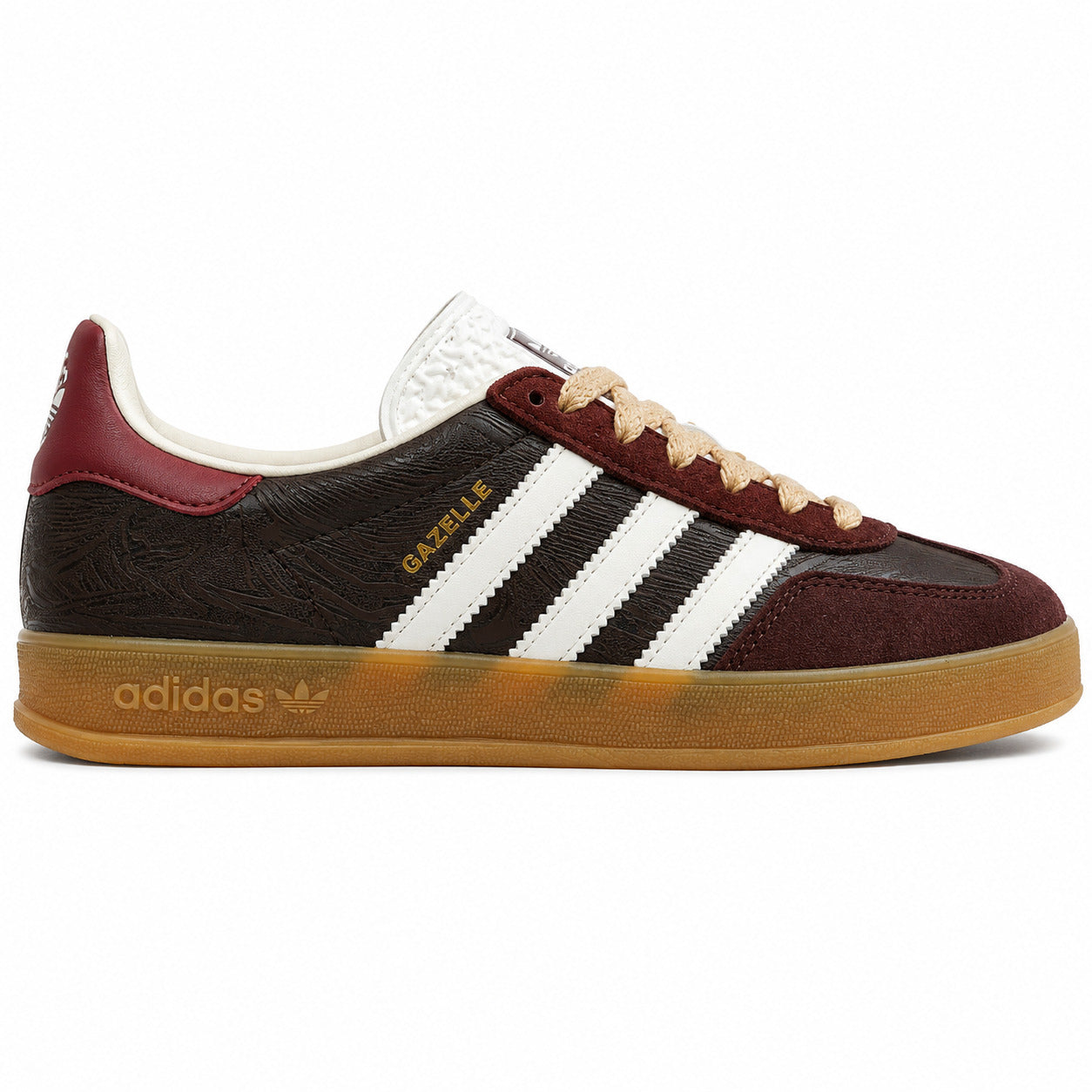 Adidas Gazelle Indoor Spezial castanho burdeos crema suela gum lateral derecha