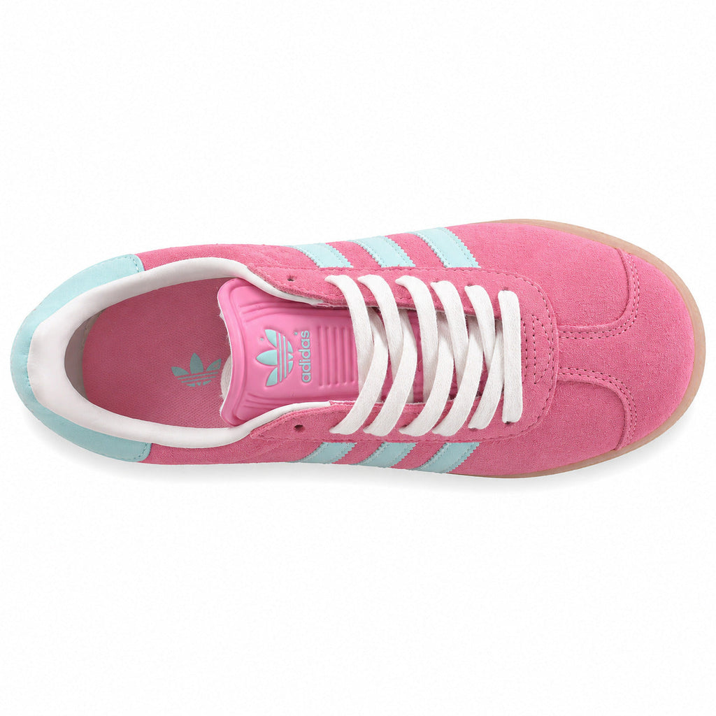 Adidas Gazelle rosa azul cielo vista superior cordones brancos