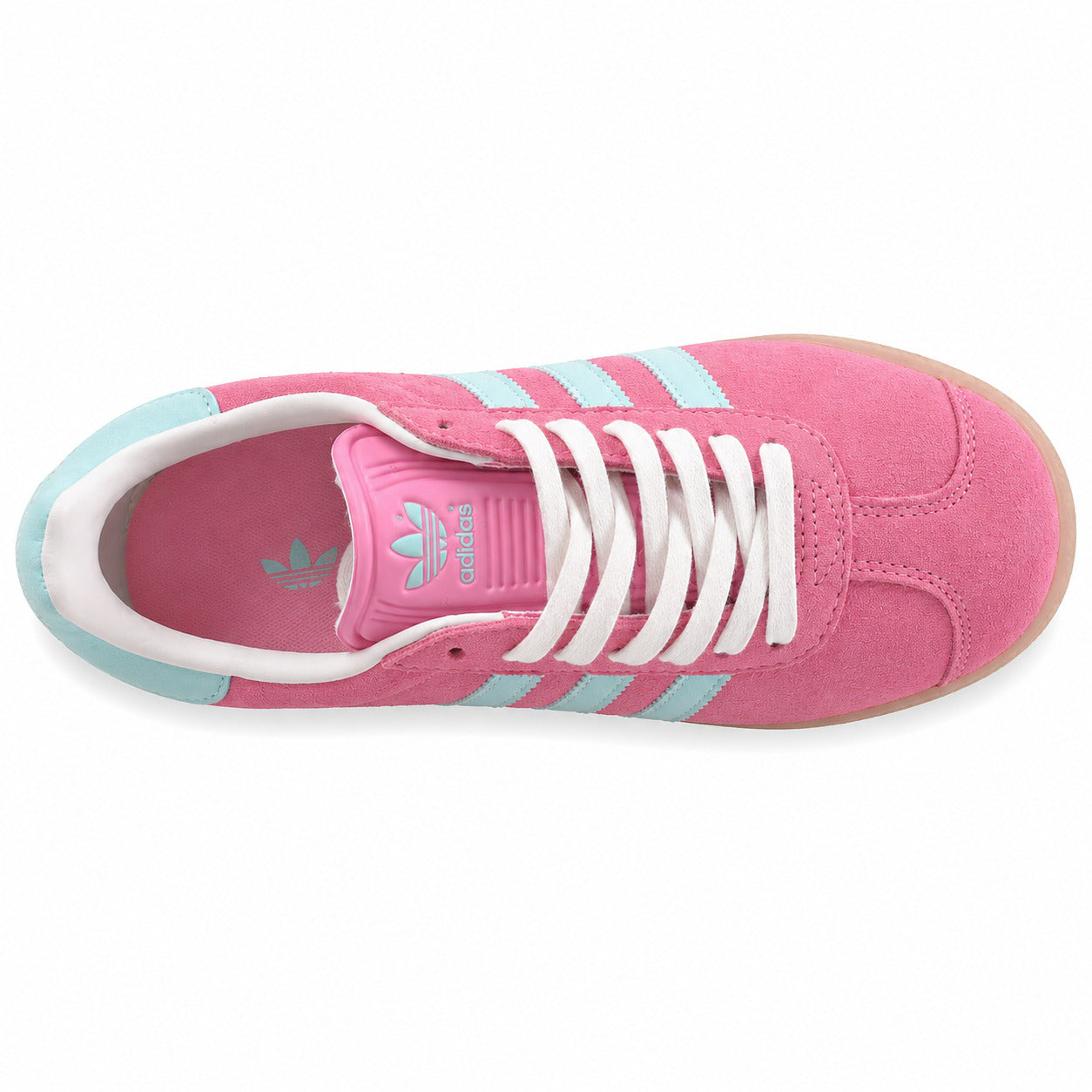 Adidas Gazelle rosa azul cielo vista superior cordones brancos