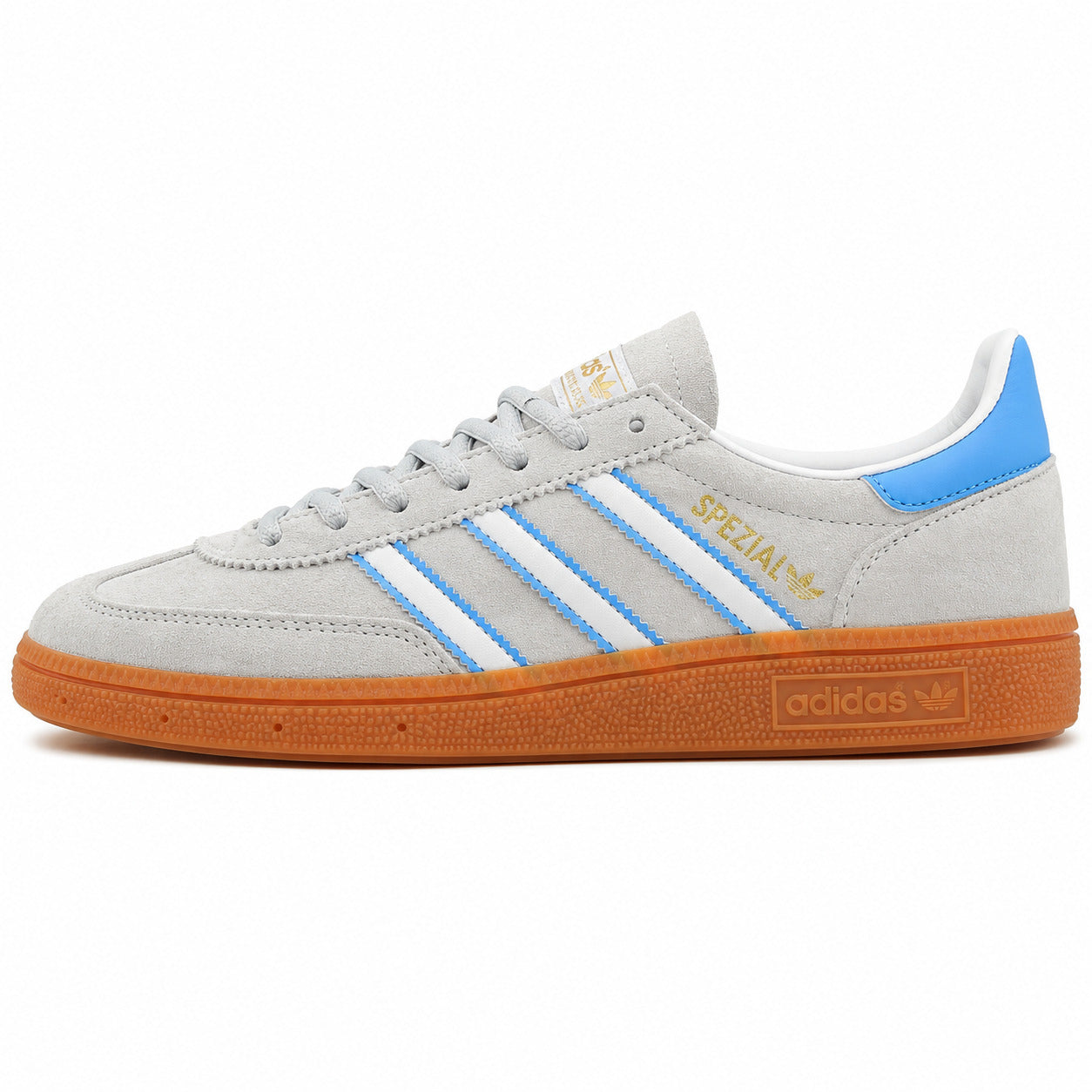 Adidas Handball Spezial ante cinzento claro azul cielo lateral izquierdo suela laranja