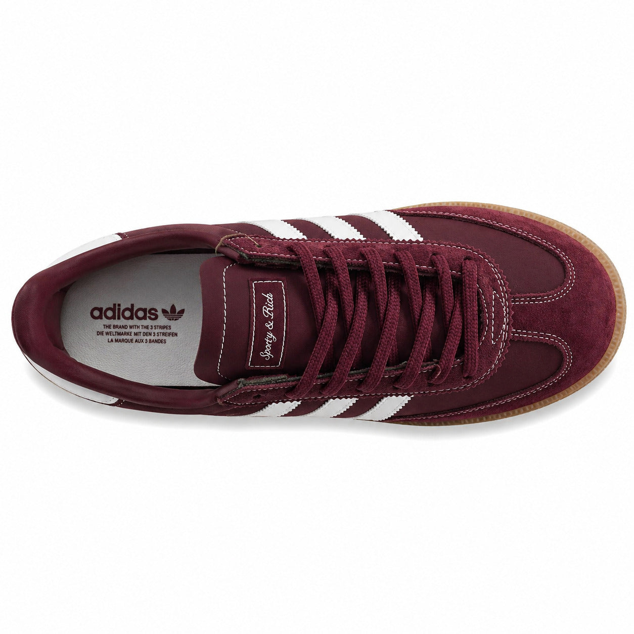 Adidas Handball Spezial x Sporty Rich burdeos branco etiqueta cursiva lengüeta plantilla heritage vista superior