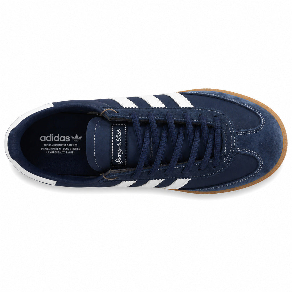 Adidas Handball Spezial x Sporty Rich marino branco etiqueta cursiva lengüeta originals vista superior
