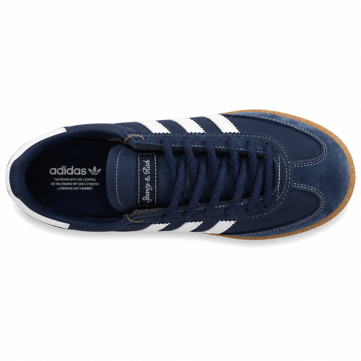 Adidas Handball Spezial x Sporty Rich marino branco etiqueta cursiva lengüeta originals vista superior
