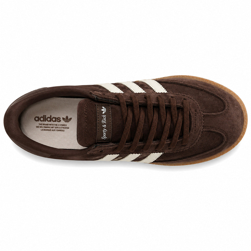 Adidas Handball Spezial x Sporty Rich castanho crema cordones castanho etiqueta cursiva lengüeta vista superior