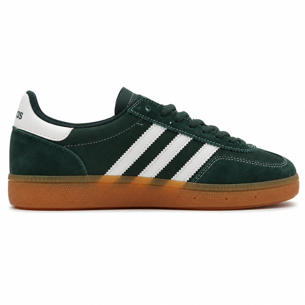 Adidas Handball Spezial x Sporty Rich verde bosque ante bandas blancas suela borracha perfil derecho