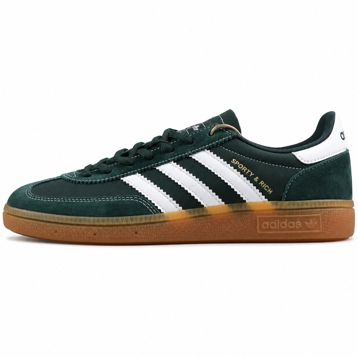 Adidas Handball Spezial x Sporty Rich verde bosque ante logo dourado bandas blancas suela borracha perfil izquierdo