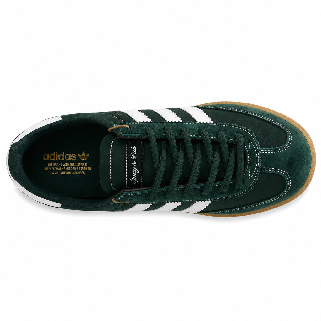 Adidas Handball Spezial x Sporty Rich verde bosque branco etiqueta cursiva lengüeta plantilla heritage vista superior