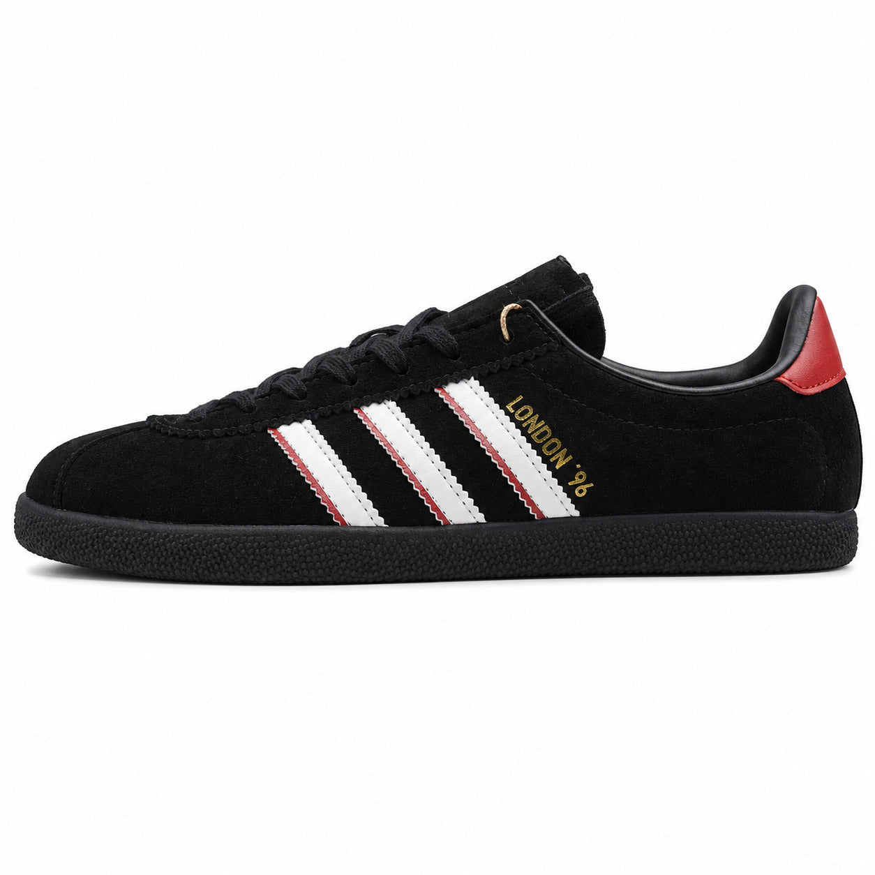 Adidas London 96 preto ante, franjas blancas y rojas, lateral exterior