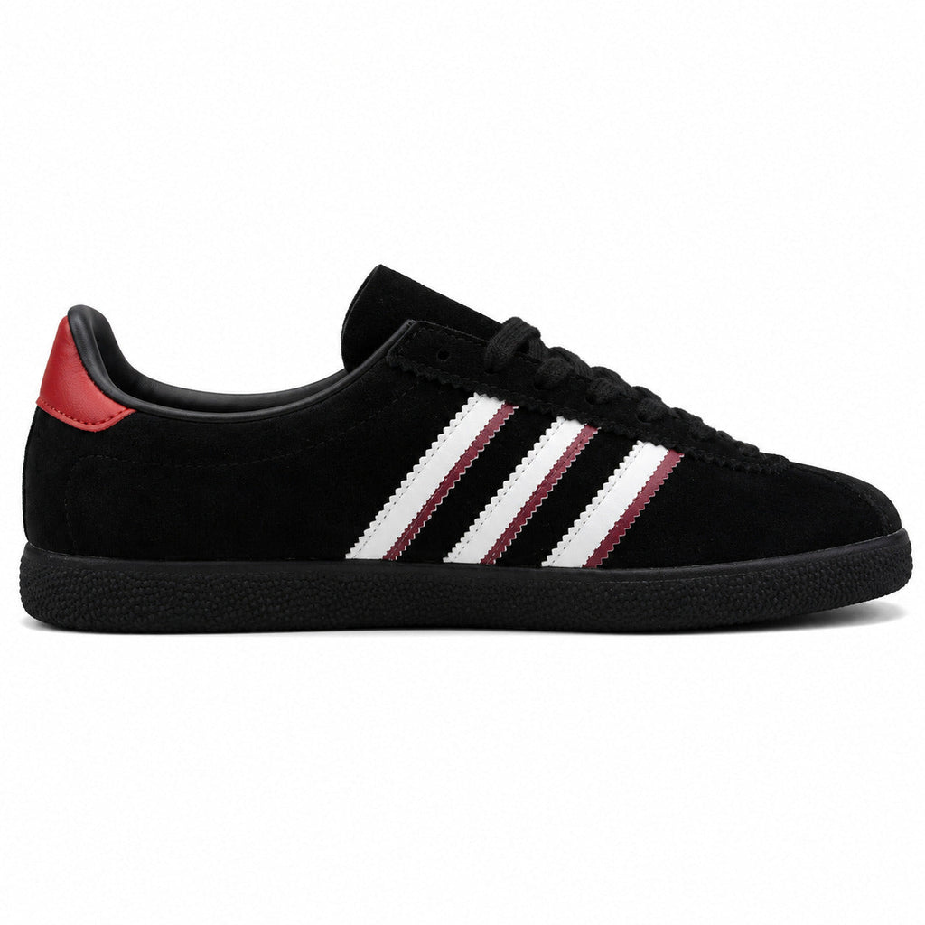 Adidas London 96 preto ante, franjas blancas y rojas, lateral interior