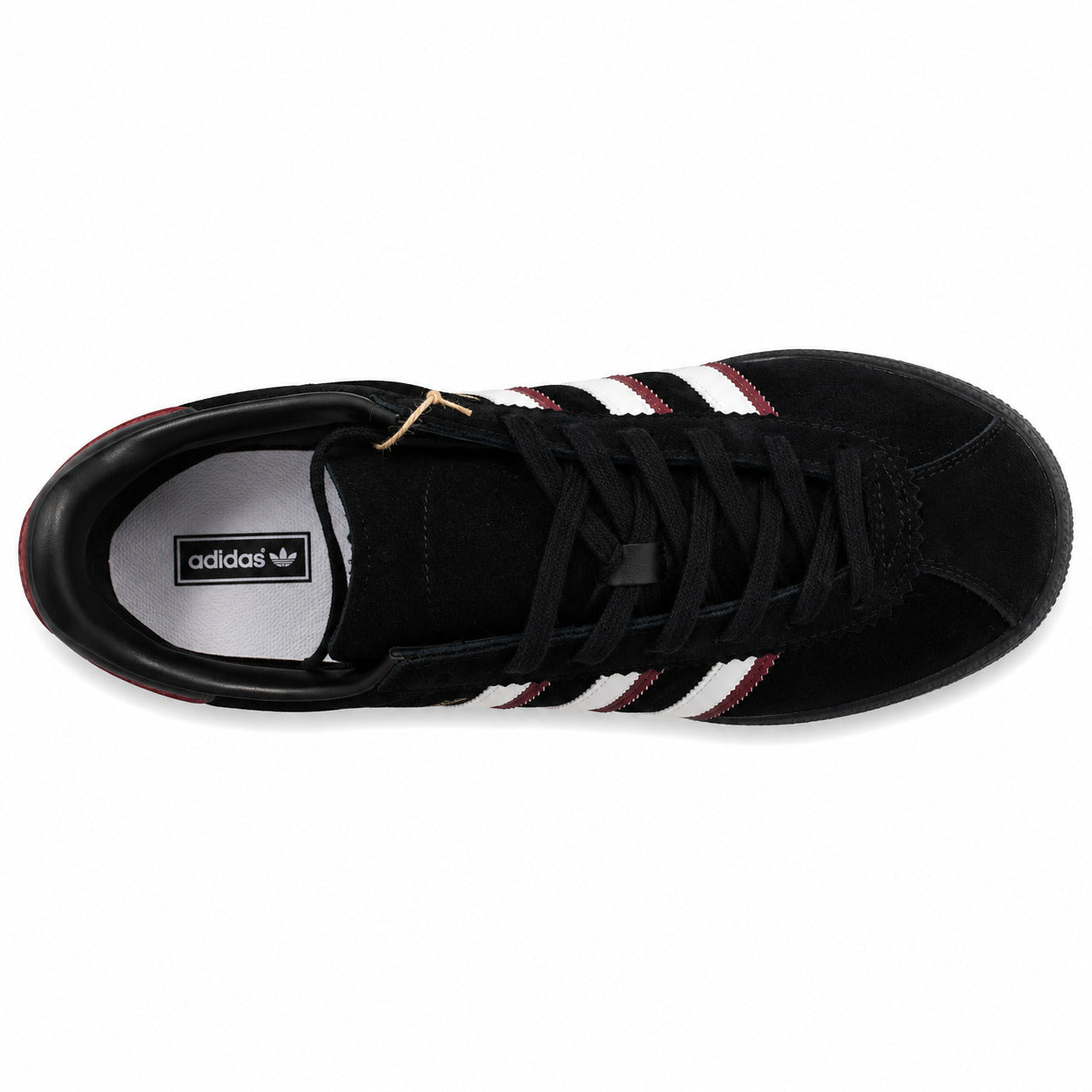 Adidas London 96 preto ante, franjas blancas y rojas, vista superior
