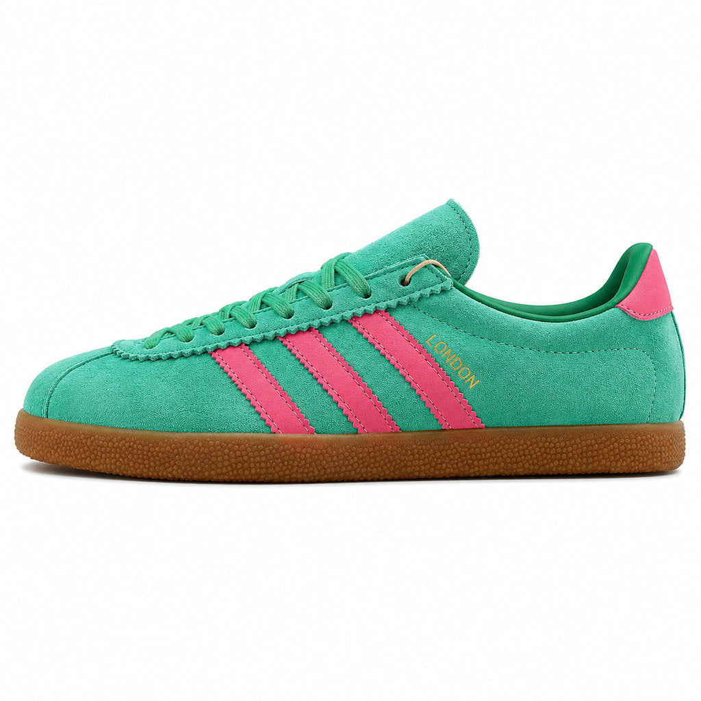 Adidas London verde menta ante, franjas rosas y suela borracha, lateral exterior