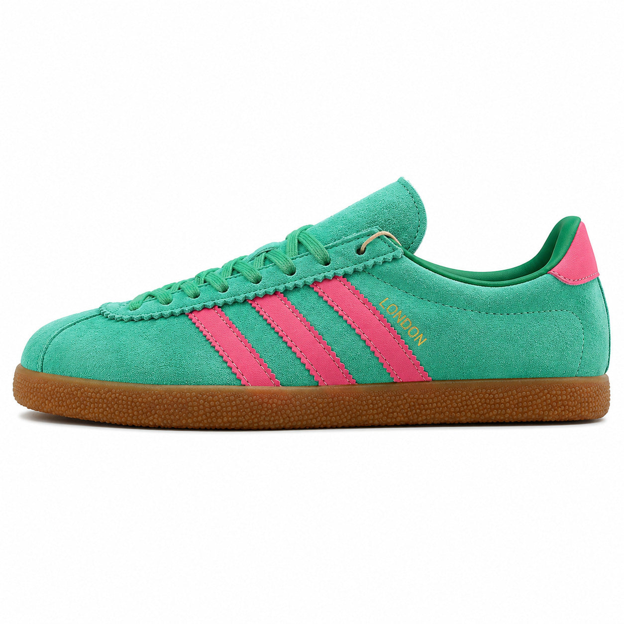 Adidas London verde menta ante, franjas rosas y suela borracha, lateral exterior