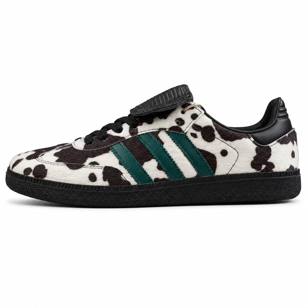 Adidas Samba LT x Stüssy estampado vaca verde preto lateral izquierdo