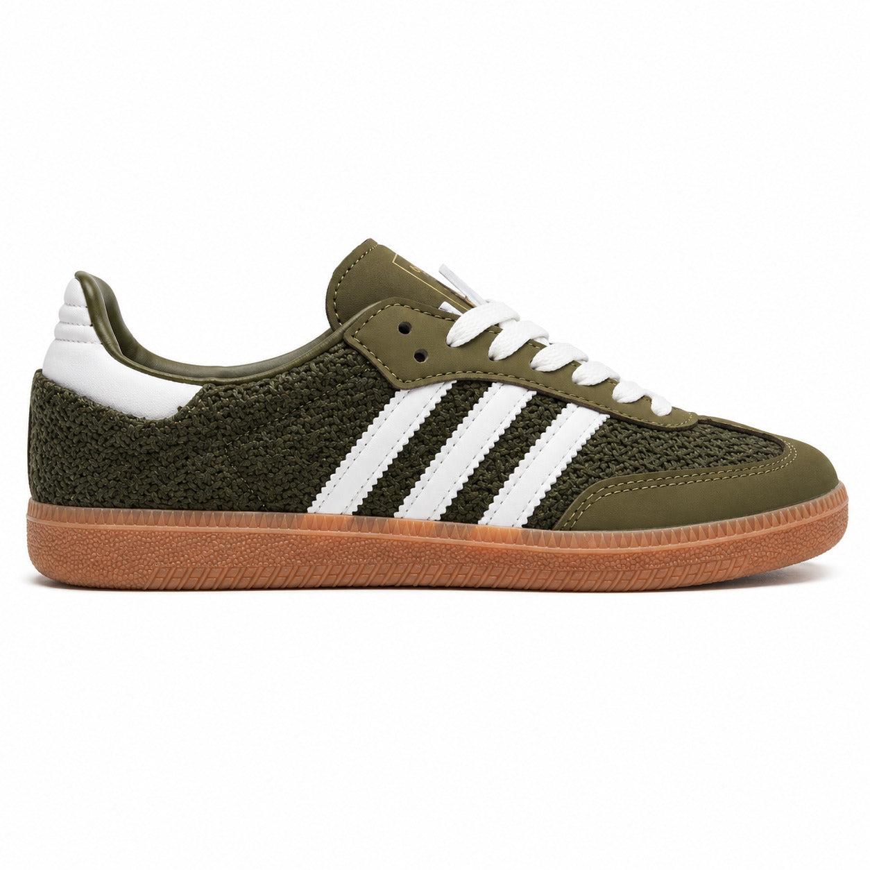 Adidas Samba OG bouclé verde oliva bandas blancas suela borracha perfil derecho