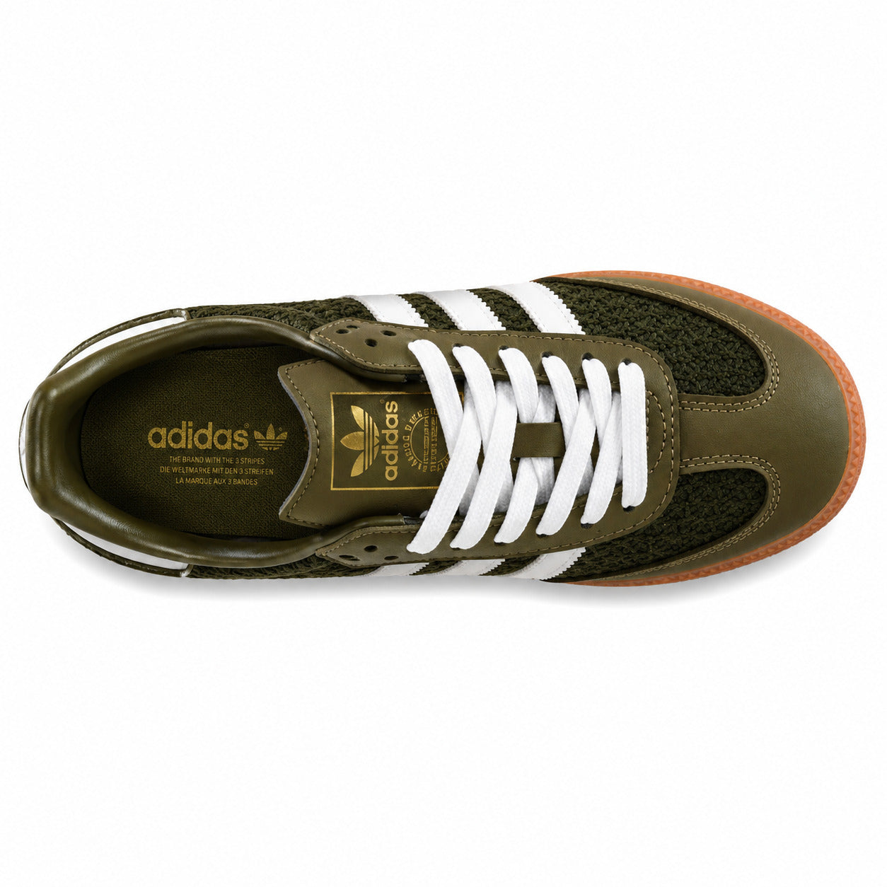 Adidas Samba OG bouclé verde oliva branco suela borracha vista superior
