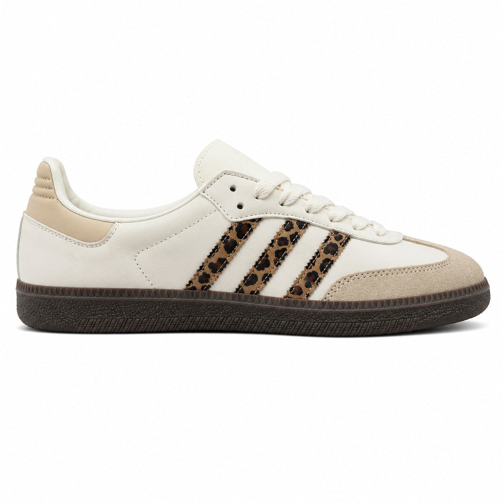 Adidas Samba OG crema tiras leopardo suela borracha oscura lateral derecho