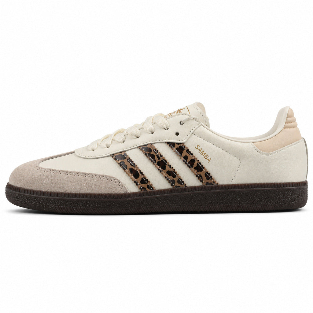 Adidas Samba OG crema tiras leopardo suela borracha oscura lateral izquierdo
