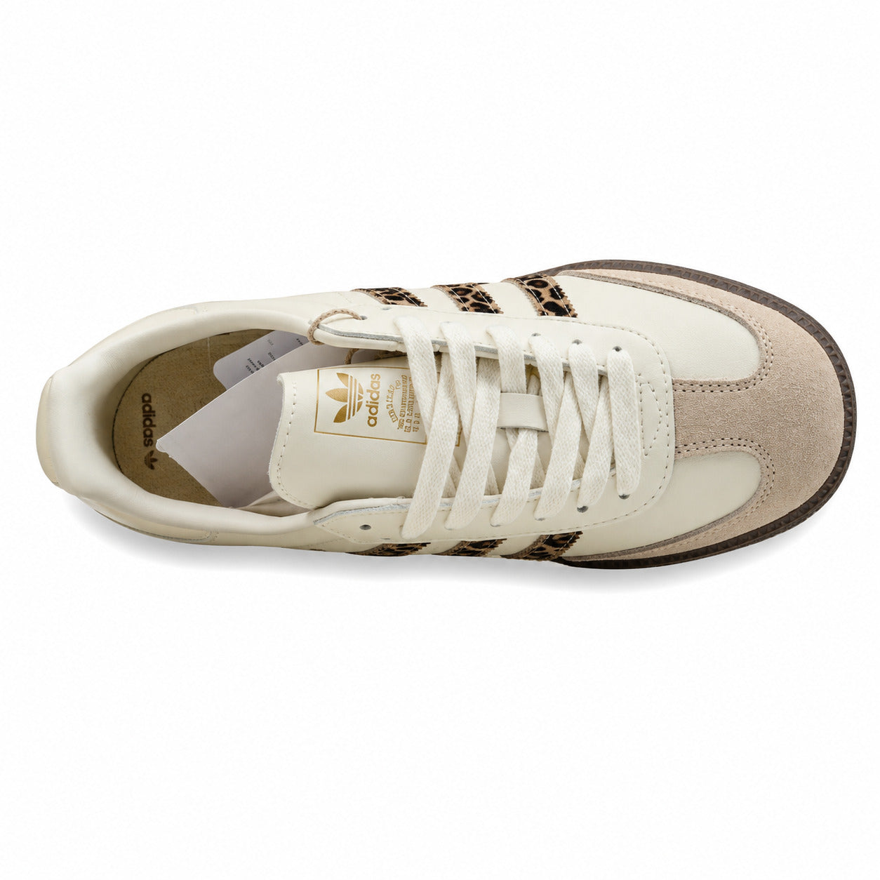 Adidas Samba OG crema leopardo vista superior lengüeta Trefoil dourado