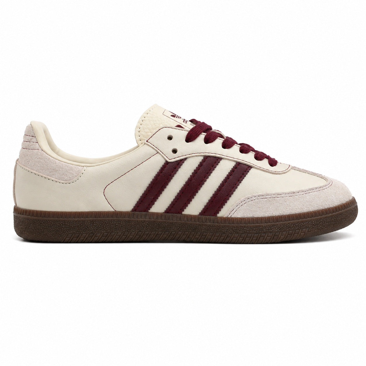 Adidas Samba OG crema bandas maroon suela borracha castanho perfil derecho