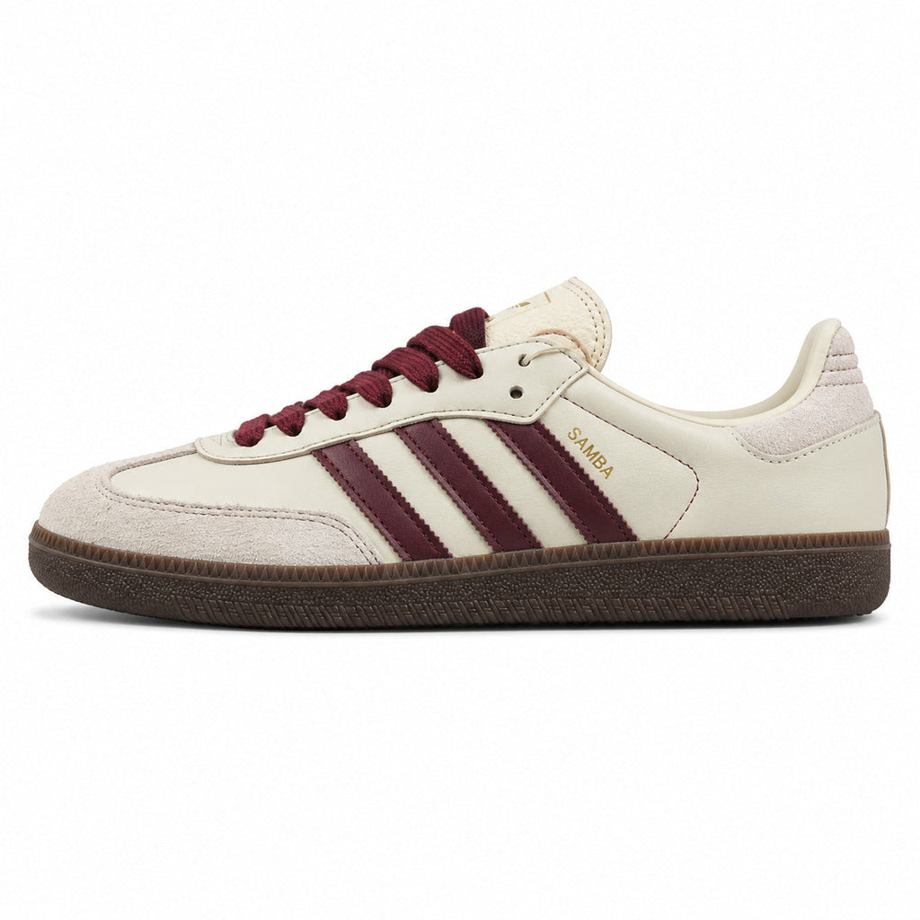 Adidas Samba OG crema bandas maroon suela borracha castanho perfil izquierdo