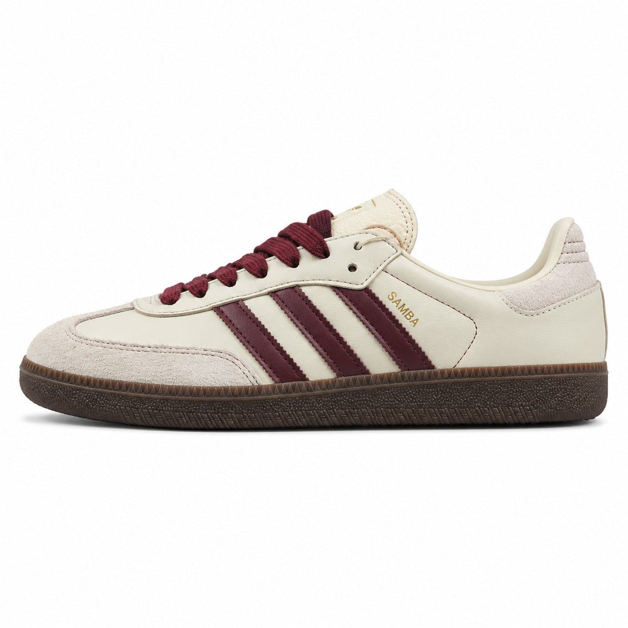 Adidas Samba OG crema bandas maroon suela borracha castanho perfil izquierdo