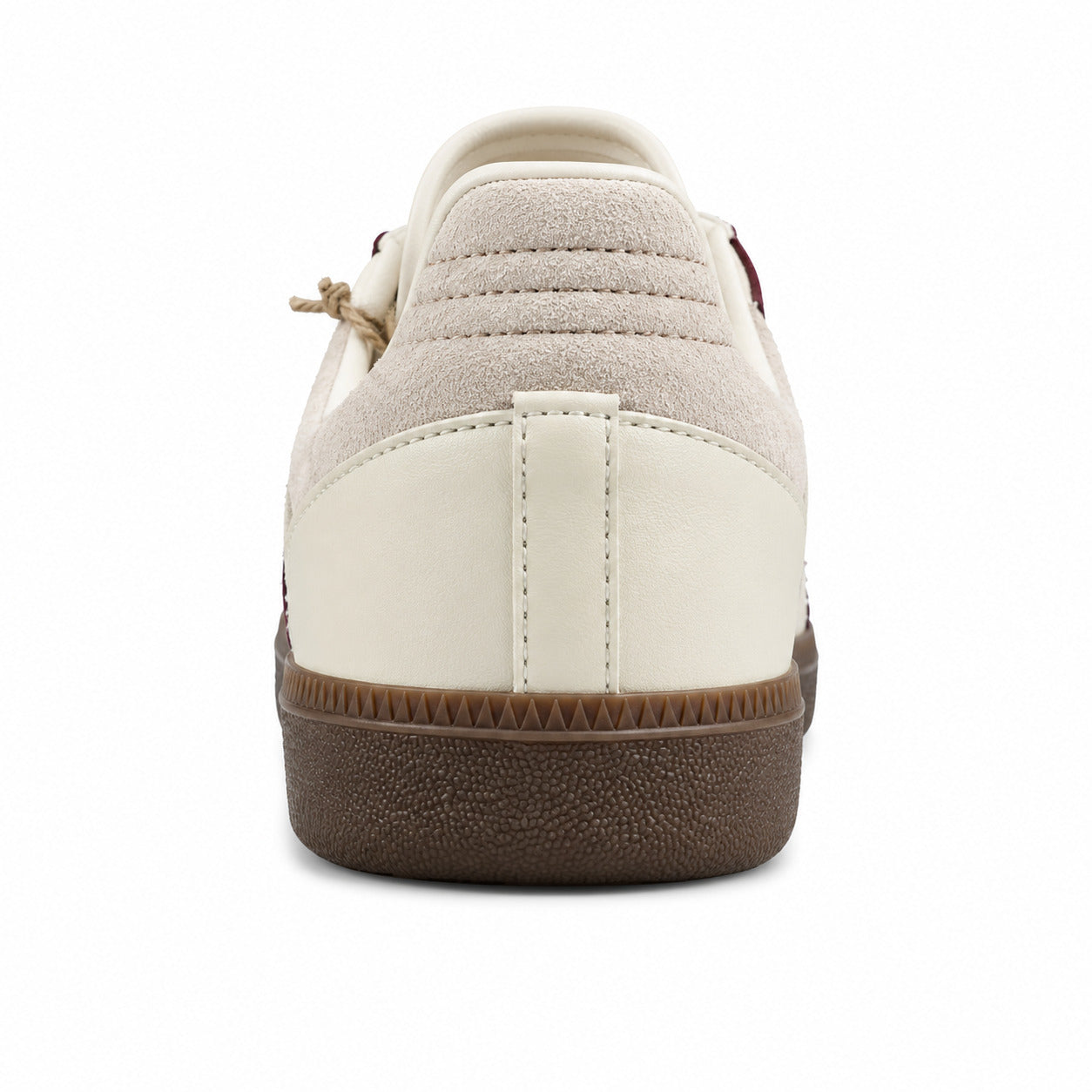 Adidas Samba OG crema detalle talón ante cinzento suela borracha castanho