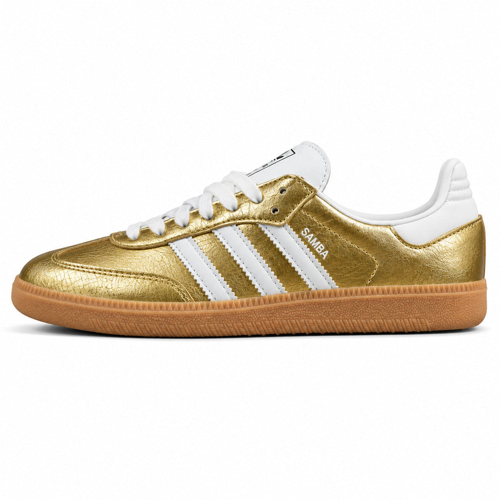 Adidas Samba OG dourado metalizado branco perfil izquierdo