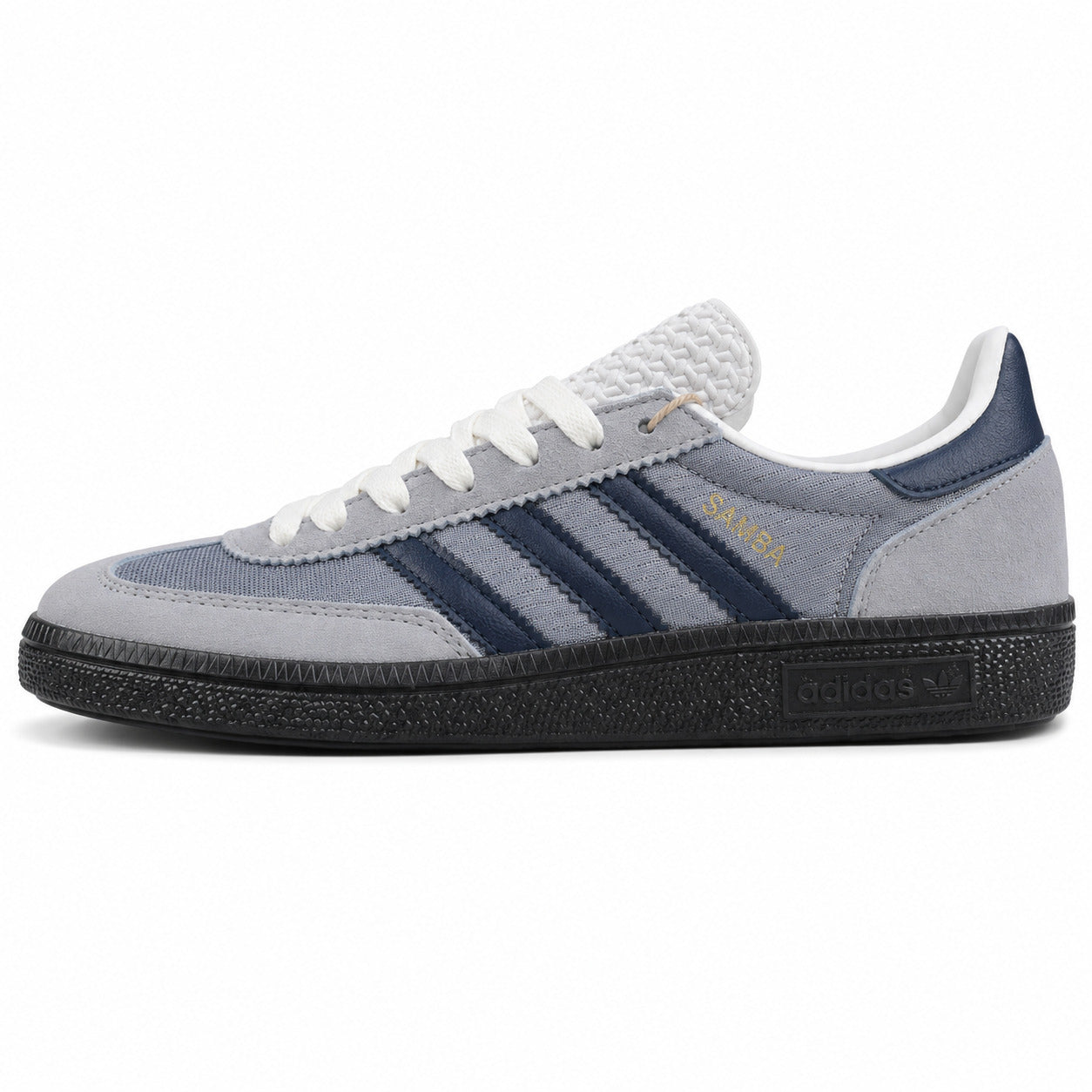 Adidas Samba OG cinzento hielo bandas azul-marinho suela negra perfil izquierdo