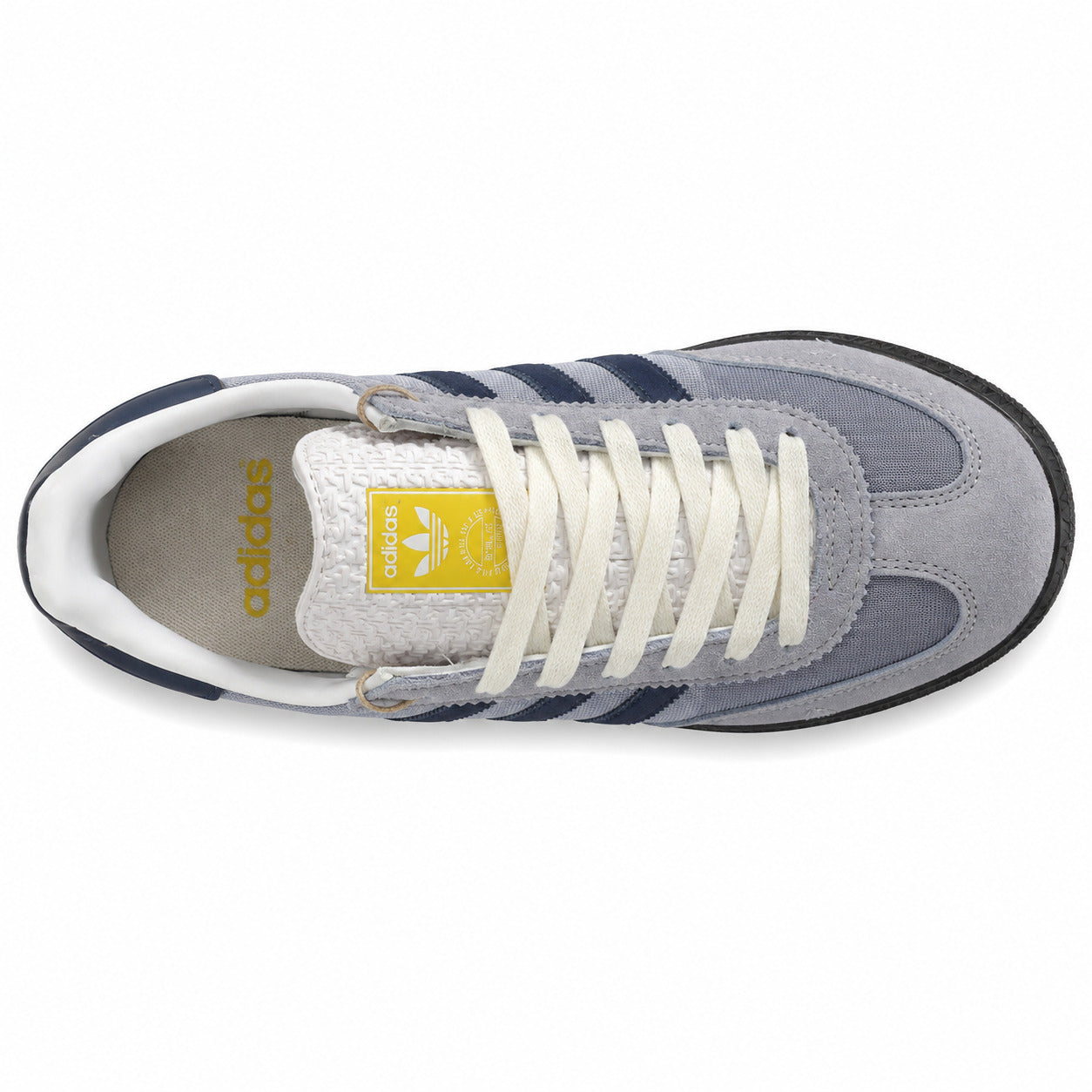 Adidas Samba OG cinzento marino cordones crema etiqueta originals amarilla vista superior